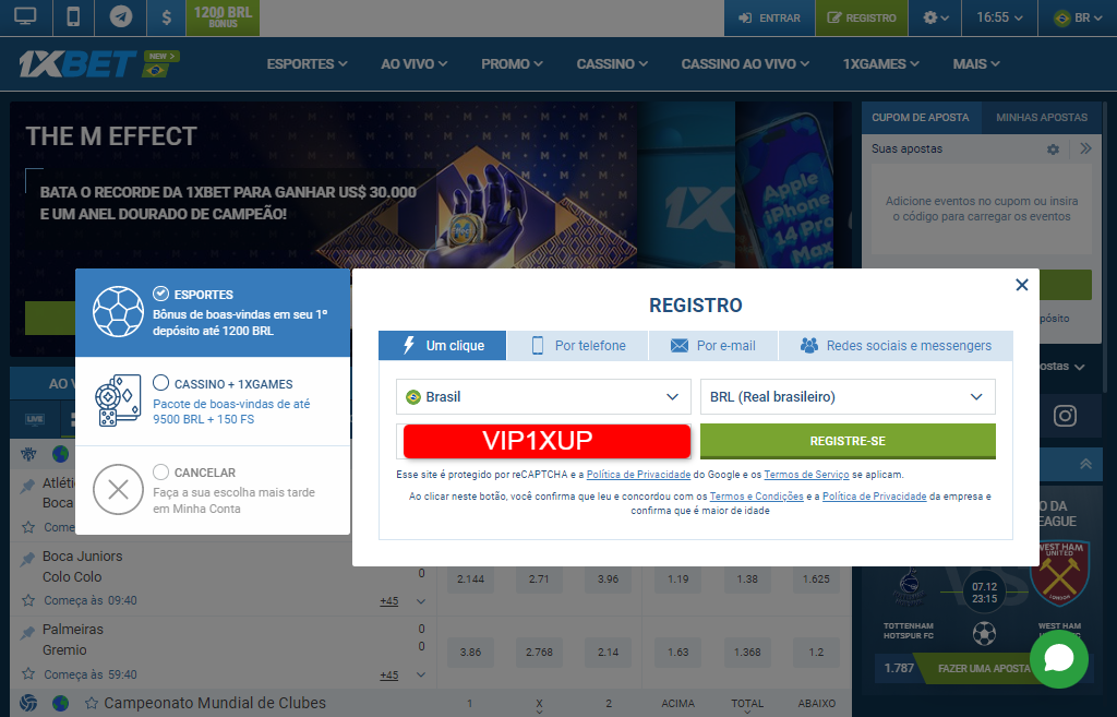 Código promocional 1xbet: use VIP1XUP e ganhe até R$9500